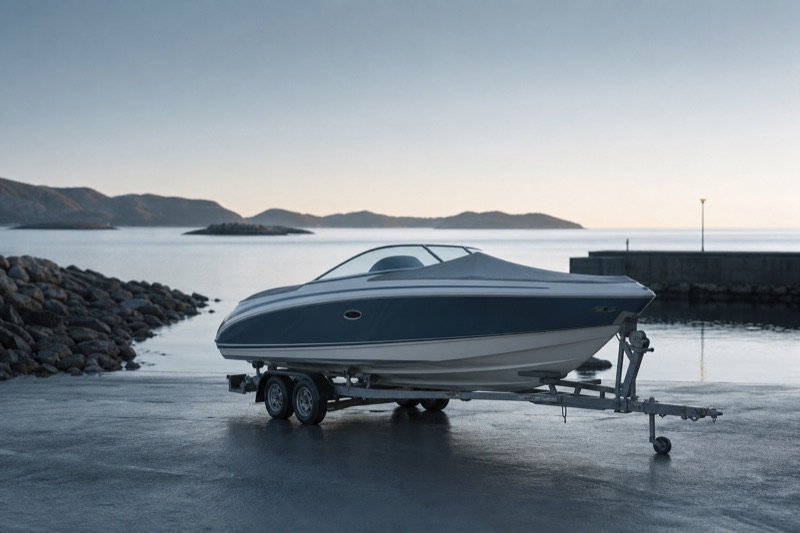 A used motorboat on a trailer at a marina