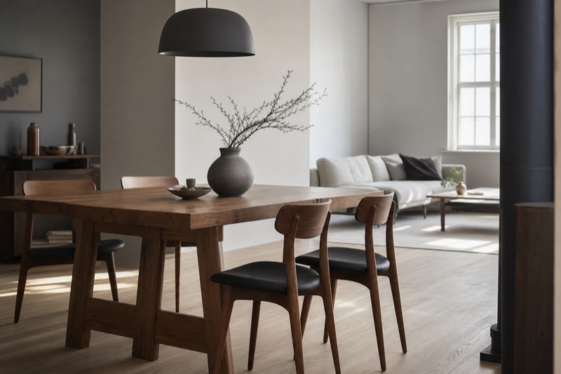 An oak dining table in a bright room
